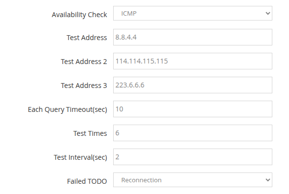 Availability Check settings on Network > LTE/NR (factory defaults)
